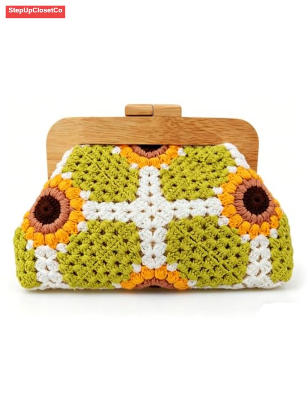 Handmade Crochet Cotton Clutch Purse with Wooden Frame, Retro Floral Kiss Lock